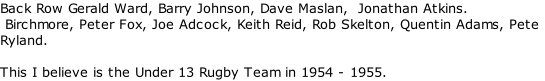 Back Row Gerald Ward, Barry Johnson, Dave Maslan,  Jonathan Atkins.  Birchmore, Peter Fox, Joe Adcock, Keith Reid, Rob Skelton, Quentin Adams, Pete Ryland.                             This I believe is the Under 13 Rugby Team in 1954 - 1955.